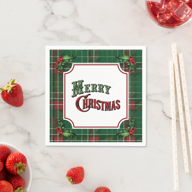 Serviette En Papier Merry Christmas Green Plaid with Holly (En situation)