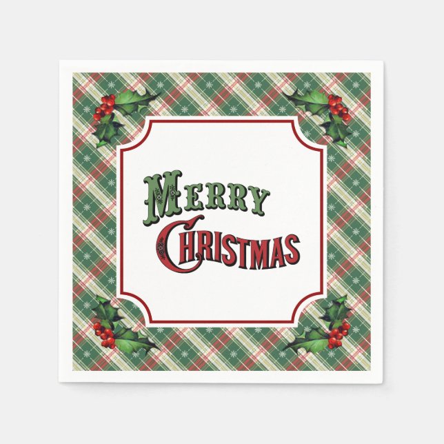 Serviette En Papier Merry Christmas Plaid with Holly (Devant)