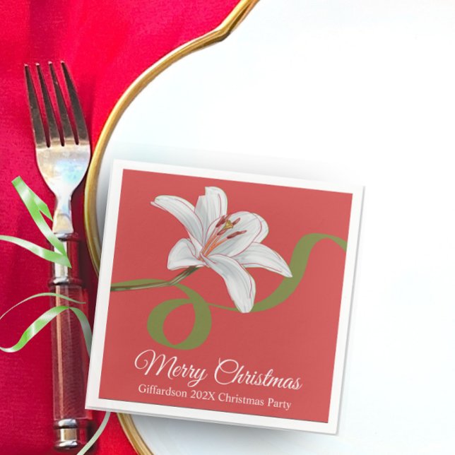 Serviette En Papier Merry Christmas Red Floral Name Cocktail Napkin (Merry Christmas personalized name red white flower floral elegant cocktail drink party napkin)