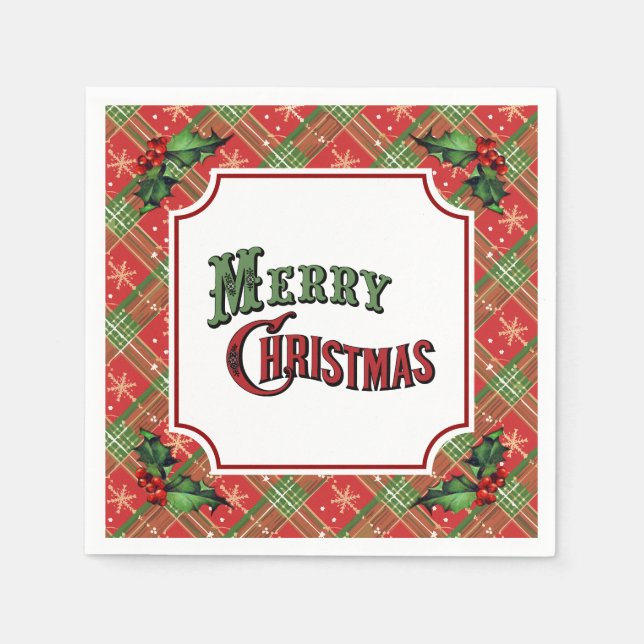 Serviette En Papier Merry Christmas Red Plaid with Holly (Devant)