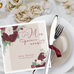 Serviette En Papier Mes Quinze Ans Bourgogne Ivoire Floral Quinceanera