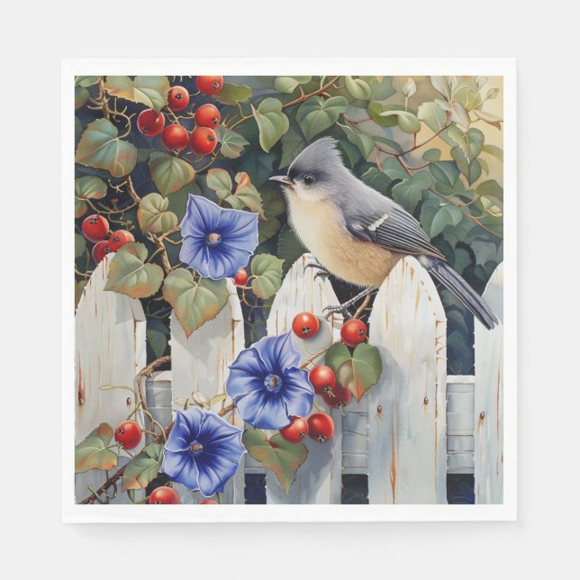 Serviette En Papier Mésange sur une clôture blanche à pickets Fleurs d (Devant)