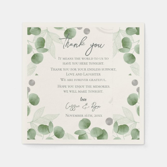Serviette En Papier Message du Mariage Merci Feuille Eucalyptus (Devant)