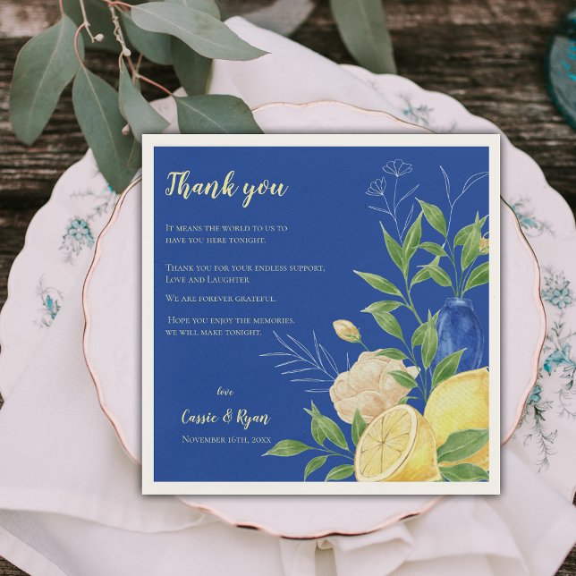 Serviette En Papier Message Merci de fête de mariage au citron bleu fl (Blue Floral Lemon Wedding Party Thank You Message Napkins)