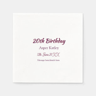 Serviette En Papier Message simple nom date rose violet pour 20e anniv