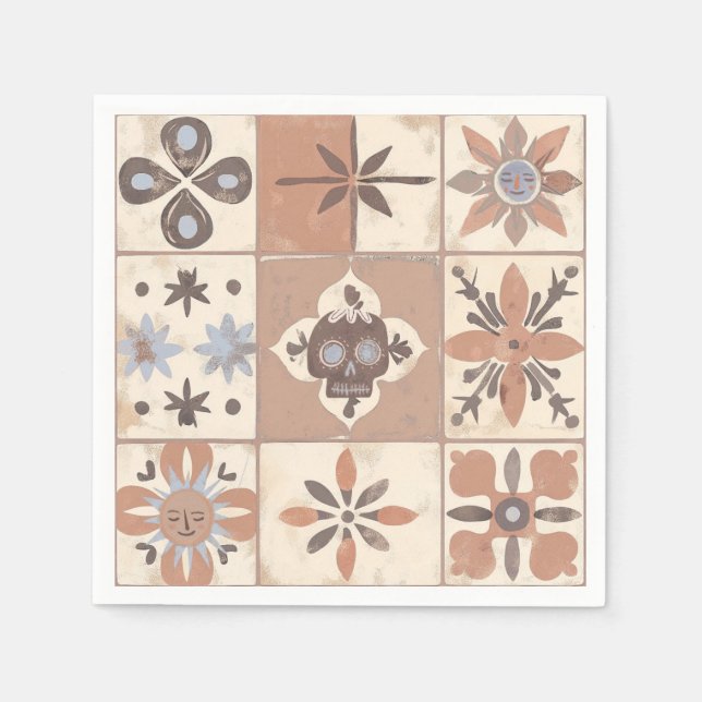 Serviette En Papier Mexicaine Fiesta Talavera Carreau Neutre Crâne Sol (Devant)