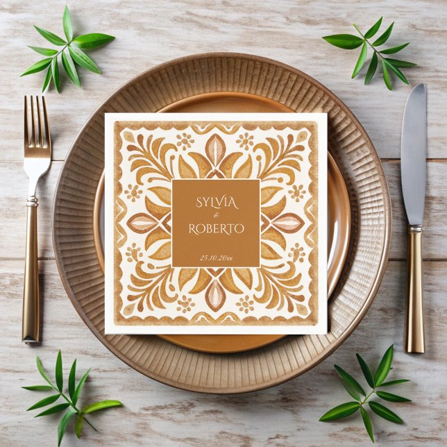 Serviette En Papier Mexicaine Talavera brun élégant mariage monogrammé (Mexican Talavera brown elegant wedding monogrammed personalized Napkins template table decor)