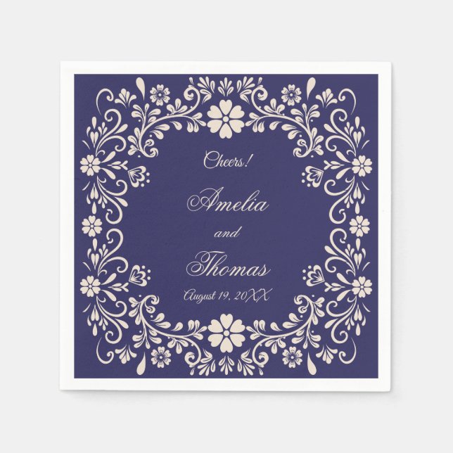 Serviette En Papier Mexican Talavera Navy Blue Wedding  (Devant)