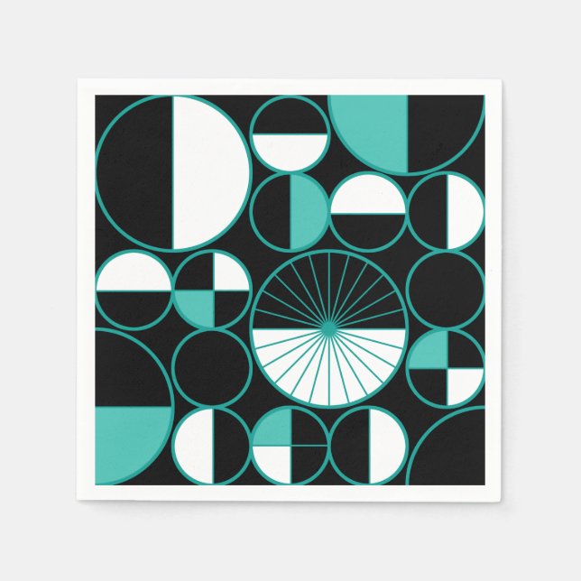 Serviette En Papier Mi-siècle Cercles modernes Moitié Noir Turquoise (Devant)