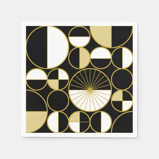 Serviette En Papier Mi-siècle Cercles modernes Moitié Or Noir (Devant)