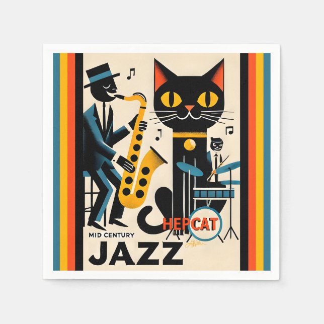 Serviette En Papier Mi siècle Jazz Age HepCat Chat Noir (Devant)