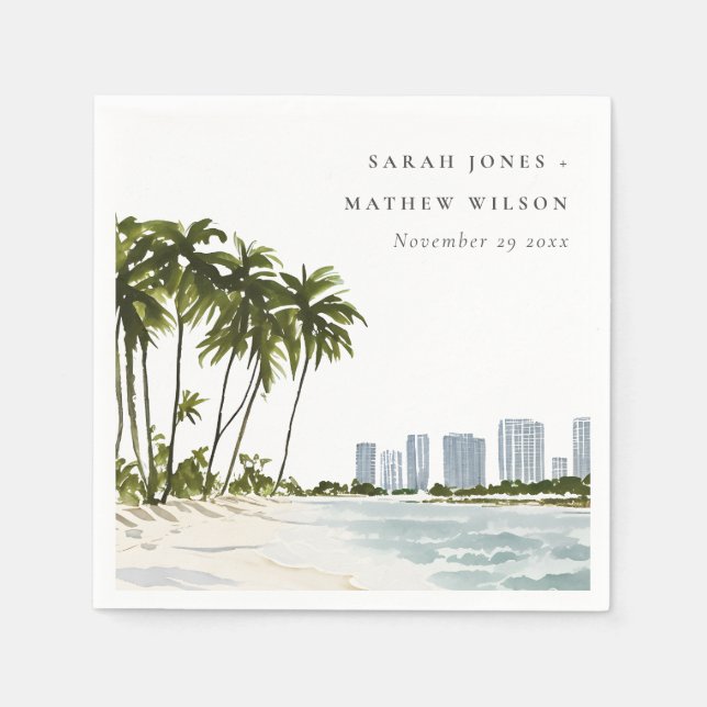 Serviette En Papier Miami Florida Aquarelle Palm Mariage paysage (Devant)
