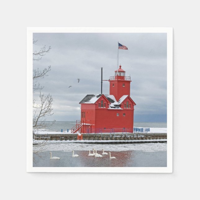 Serviette En Papier Michigan Grand Phare Rouge Avec Cygnes D'Hiver (Devant)