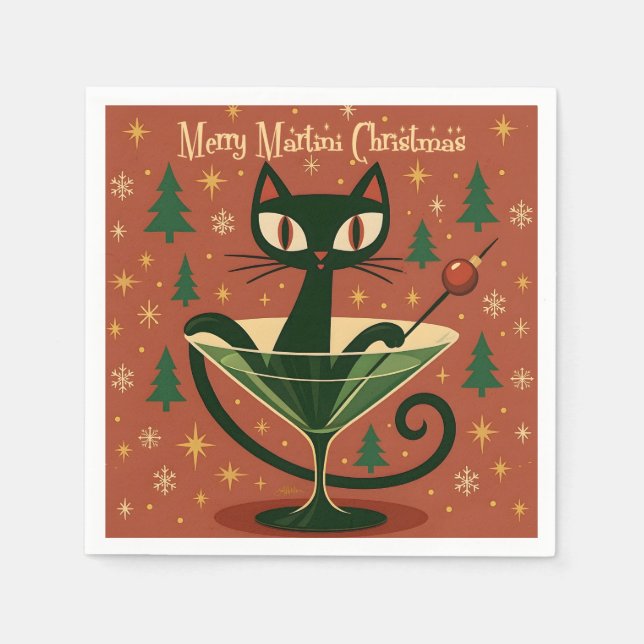 Serviette En Papier Mid Century Black Cat Merry Martini Christmas (Devant)