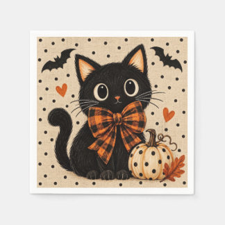 Serviette En Papier Mignon Chat Noir Citrouille Napperons de fête d'Ha