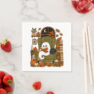 Serviette En Papier Mignon Fantôme Lisant un Livre Chat Noir Automne C