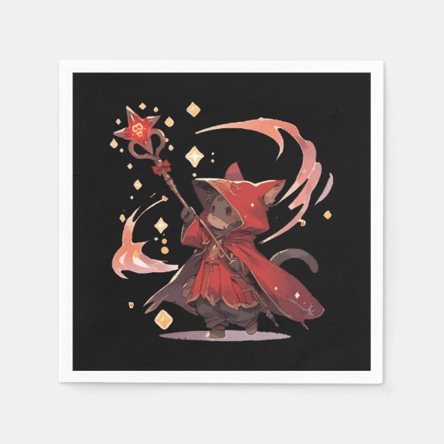 Serviette En Papier Mignon Héros Chat Mage Rouge (Devant)