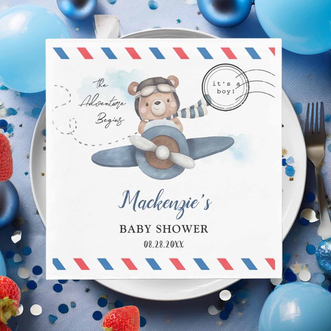 Serviette En Papier Mignonne Bear Plane Aventure Commence Baby shower  (cute teddy bear blue airplane adventure begins postcard style postmark baby shower birthday napkins)