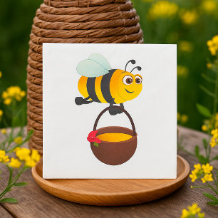Serviette En Papier Mignonne Bee transportant un pot de miel avec fleu