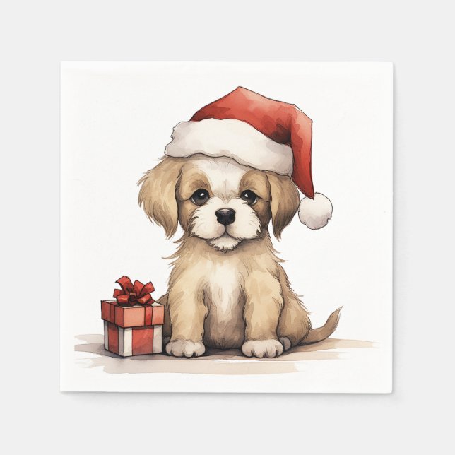 Serviette En Papier Mignonne chiot portant un chien de chapeau de Noël (Devant)