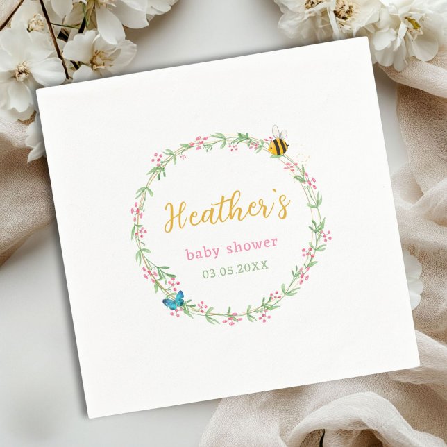 Serviette En Papier Mignonne couronne, Baby shower d'abeille et de pap (Cute Wreath, Bee & Butterfly Baby Shower Napkins with your name and date.)