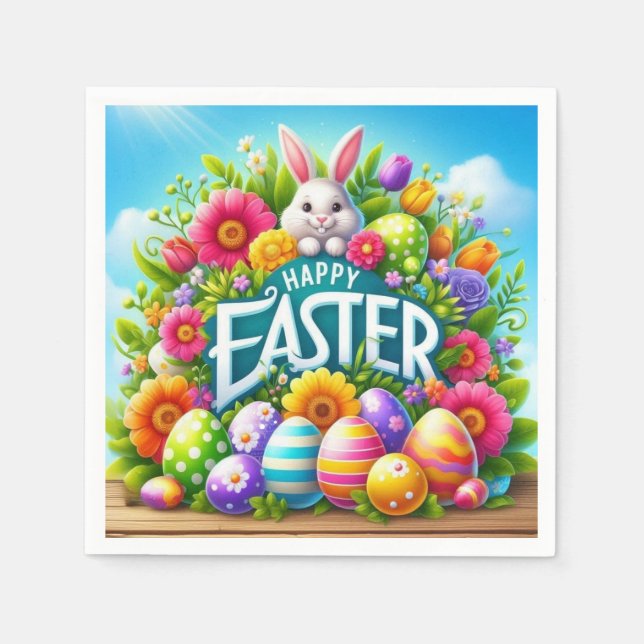 Serviette En Papier Mignonne lapin de printemps/Pâques avec oeuf (Devant)