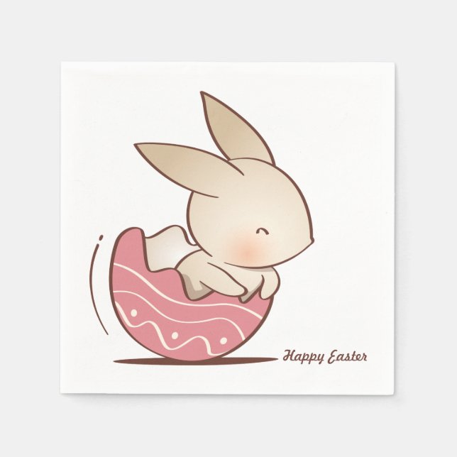 Serviette En Papier Mignonne lapin tiré à la main, Oeuf de Pâques rose (Devant)