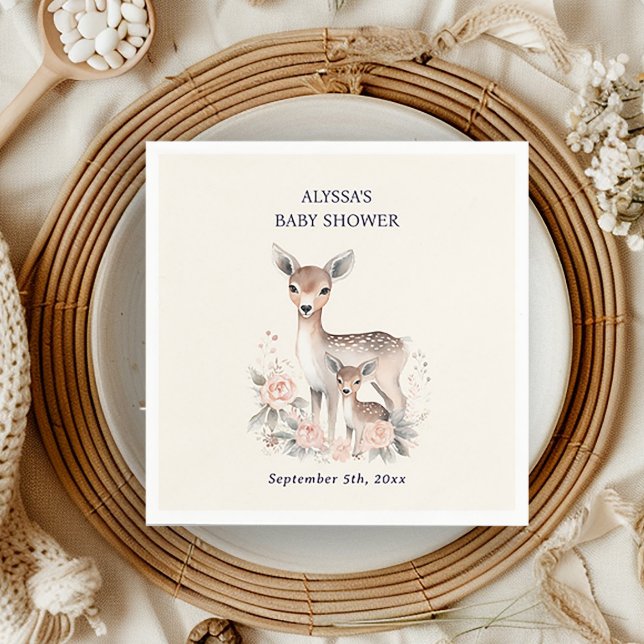 Serviette En Papier Mignonne Mère Bébé Cerf Bébé Fille Douche Serviett (Cute deer baby shower paper napkin, personalized with the name of the mother-to-be.)