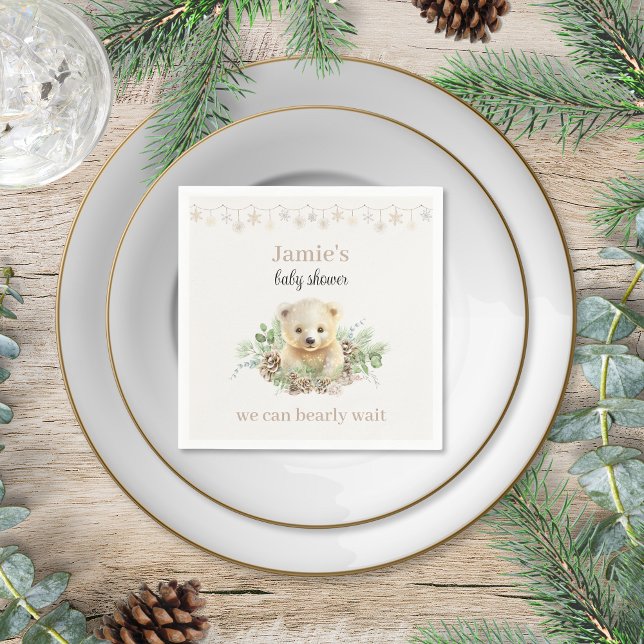 Serviette En Papier Mignonne Ours polaire hivernal Baby shower neutre  (cute creamy white beige polar bear winter baby shower cocktail napkins personalized christmas theme)