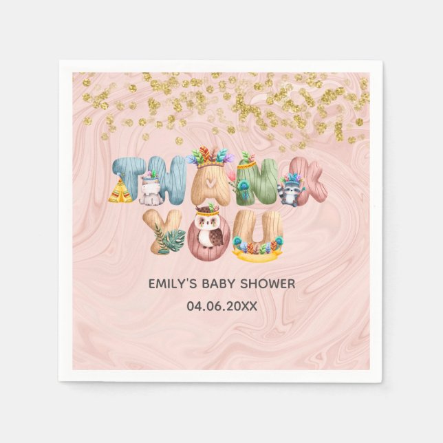 Serviette En Papier Mignonne Rose  Baby shower en marbre or Merci anim (Devant)