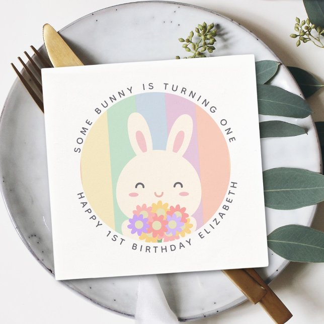 Serviette En Papier Mignonne Un Lapin Tourne Un Anniversaire Arc En Ci (Créateur téléchargé)