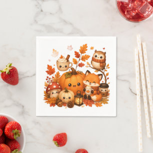 Serviette En Papier Mignons Animaux D'automne Kawaii Citrouille Hibou