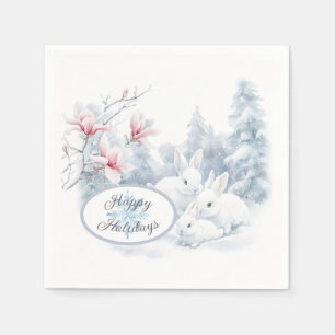 Serviette En Papier Mignons lapins blancs en vacances d'hiver neige