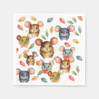 Serviette En Papier Mignons Souris à l'aquarelle et Motif de Feuilles 