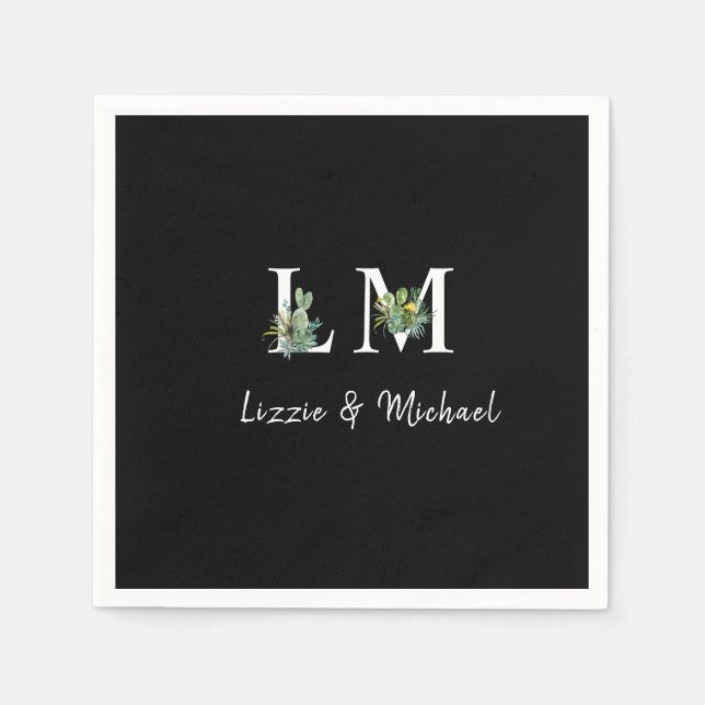 Serviette En Papier Mini Cactus Monogramme Nom Black Cocktail (Devant)