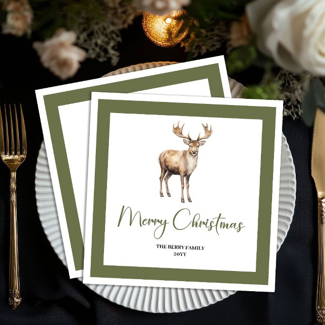 Serviette En Papier Minimal Christmas Deer Neutral Family Name Napkins (Minimal Christmas Deer Neutral Family Name Napkins)