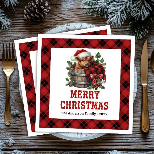 Serviette En Papier Minimal highland cow red black plaid napkins (Minimal highland cow red black plaid napkin)