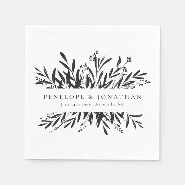 Serviette En Papier Minimalist Black White Botanical Custom Wedding  (Devant)