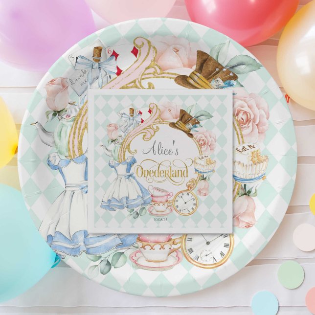 Serviette En Papier Mint Alice Wonderland tea party 1er anniversaire (Teal, Girl 1st birthday, Mad hatter, Tea party, Alice in Wonderland, birthday paper napkins.)