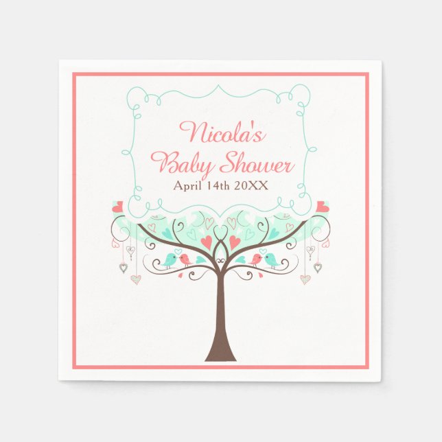 Serviette En Papier Mint and Coral Floral Bird Baby Shower  (Devant)