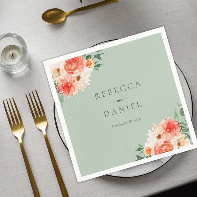 Serviette En Papier Mint Green Boho Orange Fleur sauvage Mariage (Créateur téléchargé)