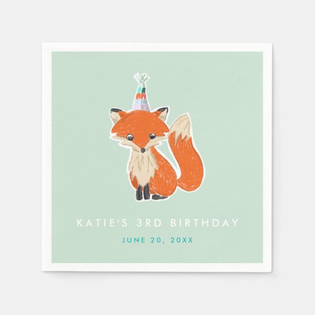 Serviette En Papier Mint Green Cute Fox Party Casquette Woodland Anniv (Devant)