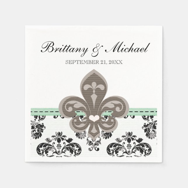 Serviette En Papier Mint Green Fleur de Lis Mariage (Devant)