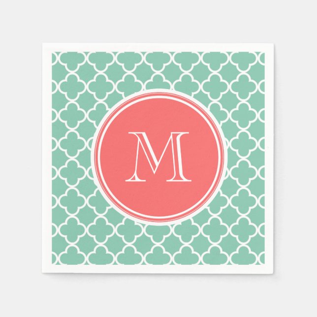 Serviette En Papier Mint Green Quatrefoil Motif, Monogramme de corail (Devant)
