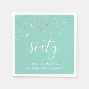 Serviette En Papier Mint Green Silver Confetti 60e fête d'anniversaire