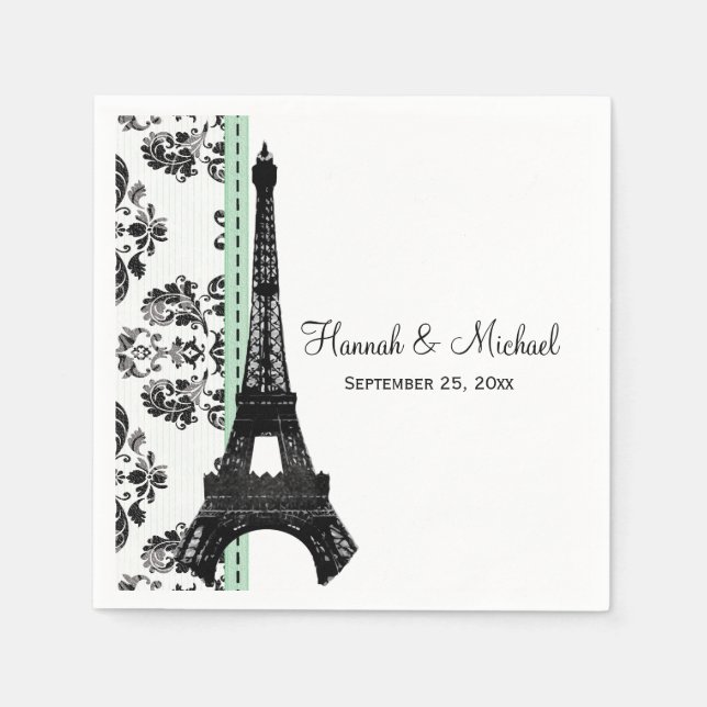 Serviette En Papier Mint Vert Damask Tour Eiffel Mariage (Devant)