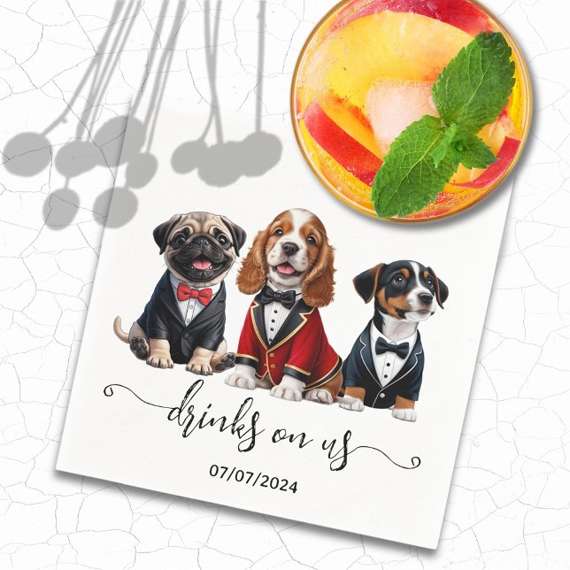Serviette En Papier Minuscules Chiens Trio Boissons Sur Nous Mariage C (Minimal Puppies Trio Drinks On Us Dog Wedding Napkins)