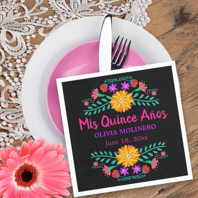 Serviette En Papier Mis Quince Anos Mexican Fiesta Quincenera Black (Mis Quince Quinceanera napkins from my Mexican Fiesta Floral collection
)