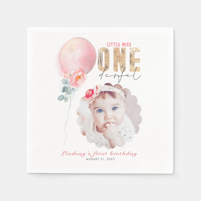 Serviette En Papier Miss Onederful Pink Balloon 1er Anniversaire Photo (Devant)