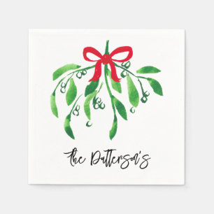 Serviette En Papier Mistletoe Couple Nom Festif Rouge Vert Kiss